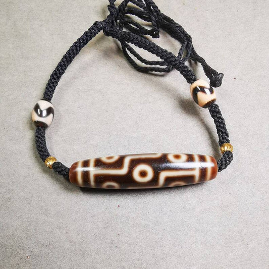 Dzi Bead Necklace,Nine Eyed Dzi + Tiget Tooth Bead, Attract Wealth and Good Luck