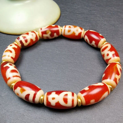 Unique Tibetan Fire Agate Tiger Tooth Dzi Bead Bracelet, 20 × 11mm