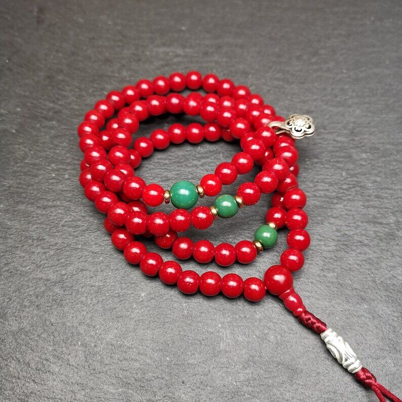 Old Tibeatan Red Glass Mala,8mm Prayer Beads with Turquoise Bead Silver Dzi Bead Gandhanra-ART