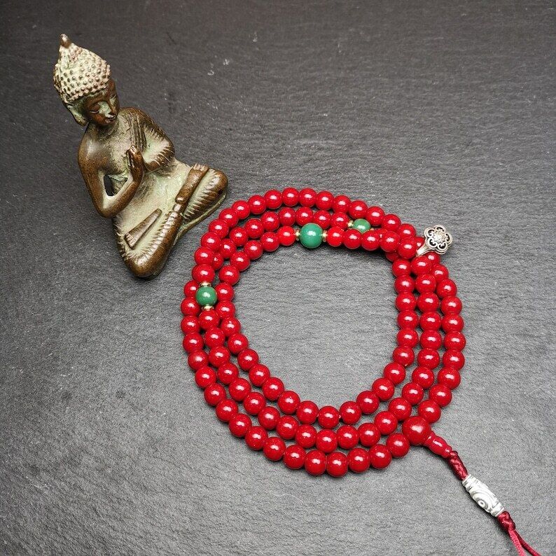 Old Tibeatan Red Glass Mala,8mm Prayer Beads with Turquoise Bead Silver Dzi Bead Gandhanra-ART