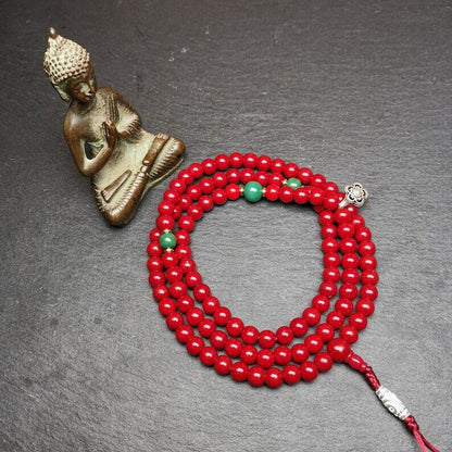 Old Tibeatan Red Glass Mala,8mm Prayer Beads with Turquoise Bead Silver Dzi Bead Gandhanra-ART