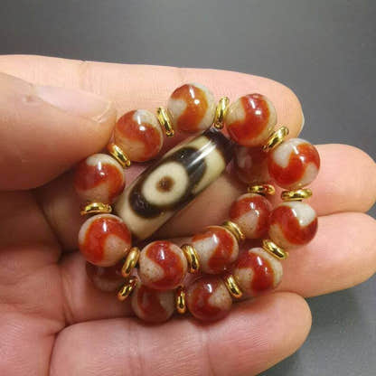 Fire Agate Dzi Bead Bracelet - Tibetan Buddhist mala beads, view 9