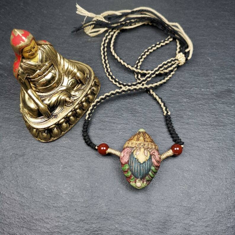 Tibetan Stupa Tsa Tsa Amulet, Double-sided Vajra and Bodhi Leaf Shape Pendant