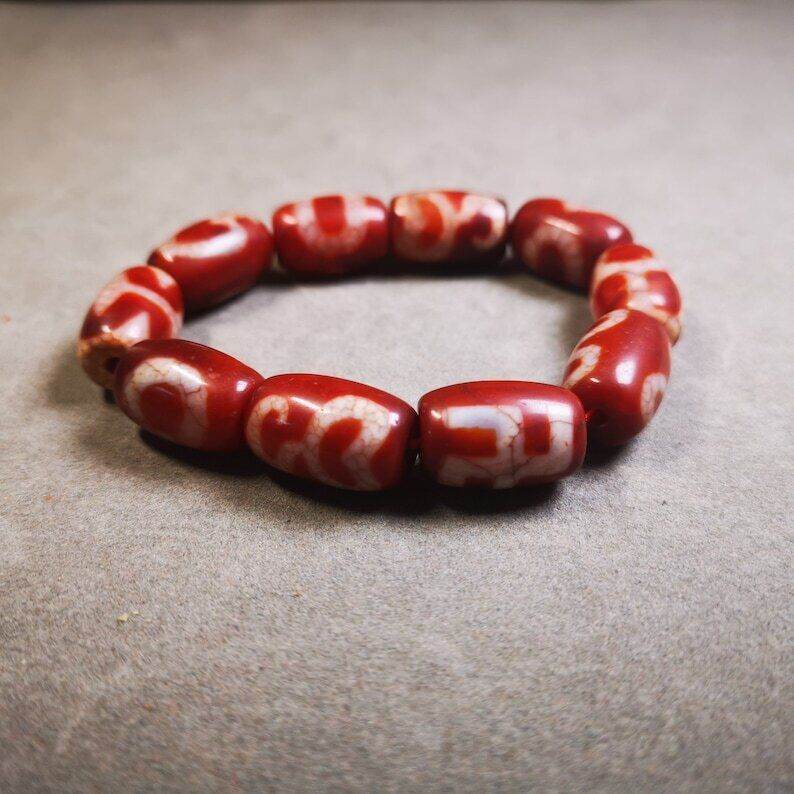 Fire Agate Dzi Bead Bracelet - Tibetan Buddhist mala beads, view 7