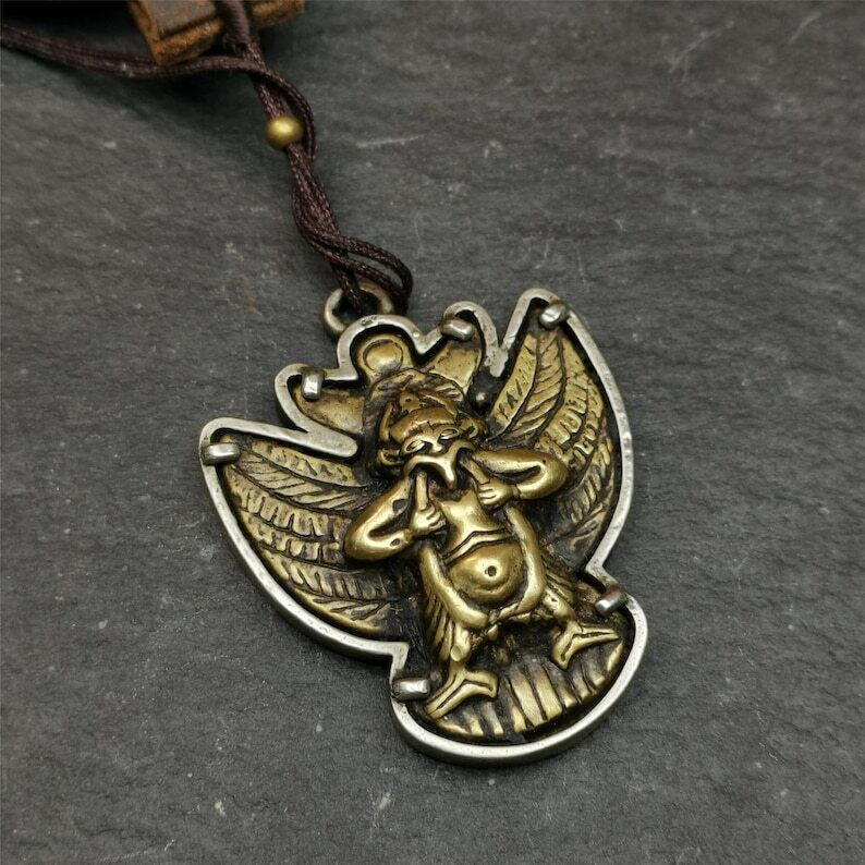 Tibetan Buddhist Amulet,Garuda Pendant,Inlaid Copper Vajra Shell,1.57" × 1.22"