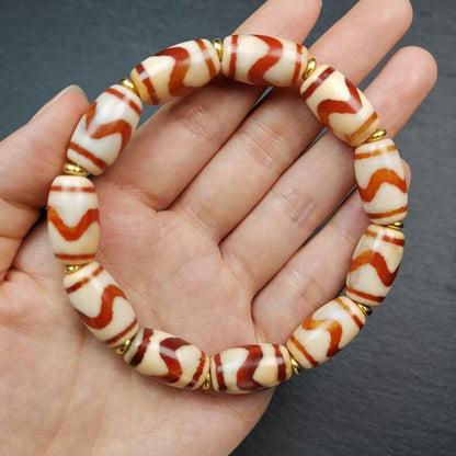 Unique Tibetan Fire Agate Tiger Tooth Dzi Bead Bracelet, 20 × 11mm Dzi Bead