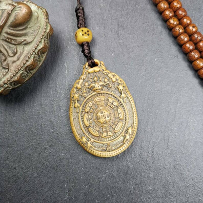 Buddhist Calendar Amulet,Yak Bone Carved Melong Mirror,SIPAHO(srid pa ho) Badge