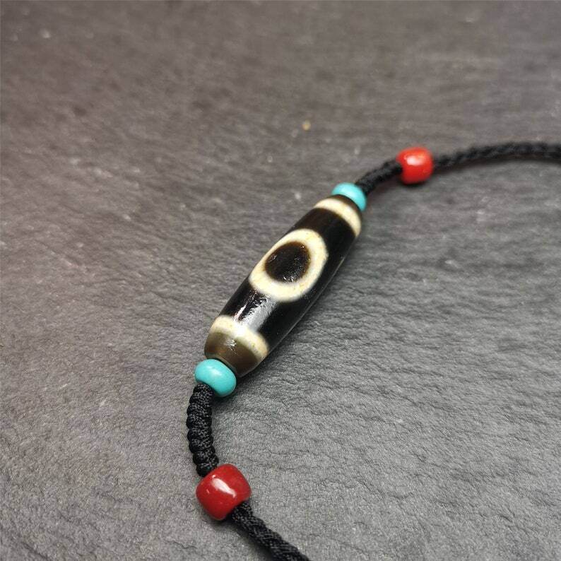 Tibetan Sky & Earth Dzi Bead Necklace,30 Years Old - Tibetan Buddhist bead necklace, front view