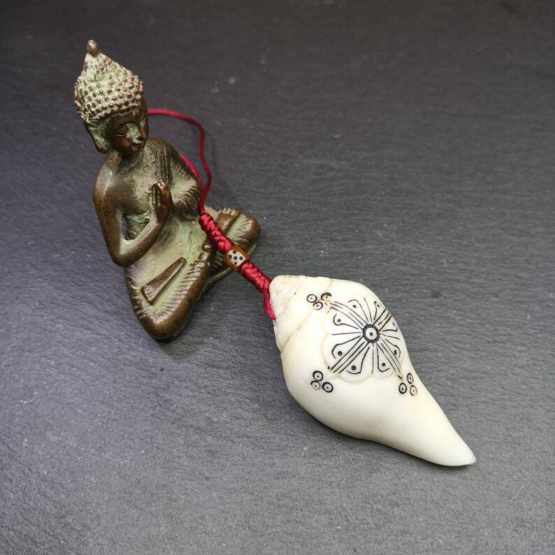 White Conch Shankha 3.15" - Tibetan Buddhist art, close-up detail