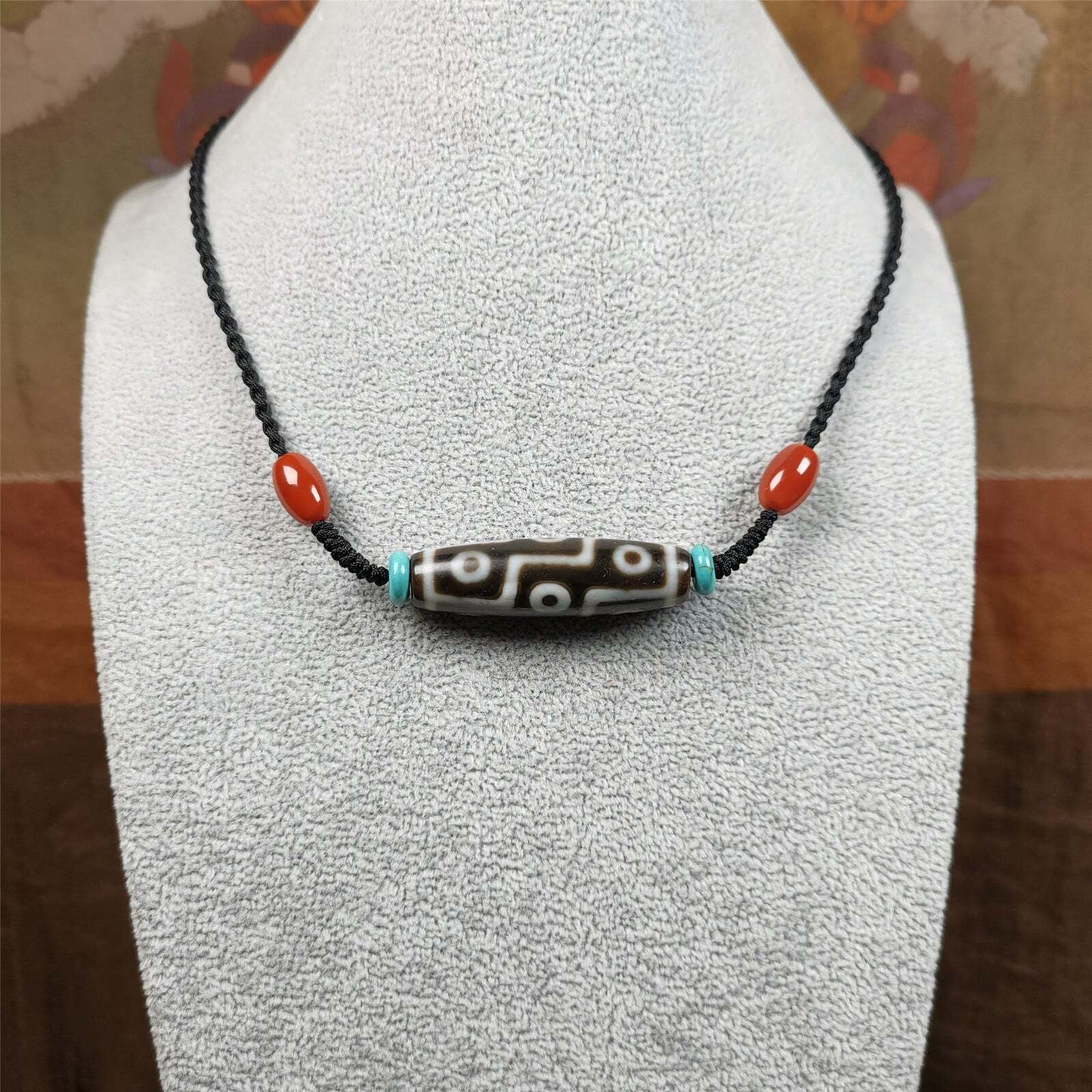 9 Eyed Dzi Bead Necklace, 1.7" x 0.47", 30 Years Old Gandhanra-ART