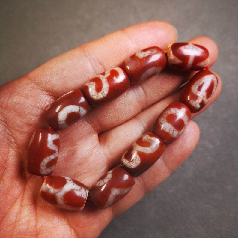 Fire Agate Dzi Bead Bracelet - Tibetan Buddhist mala beads, view 6