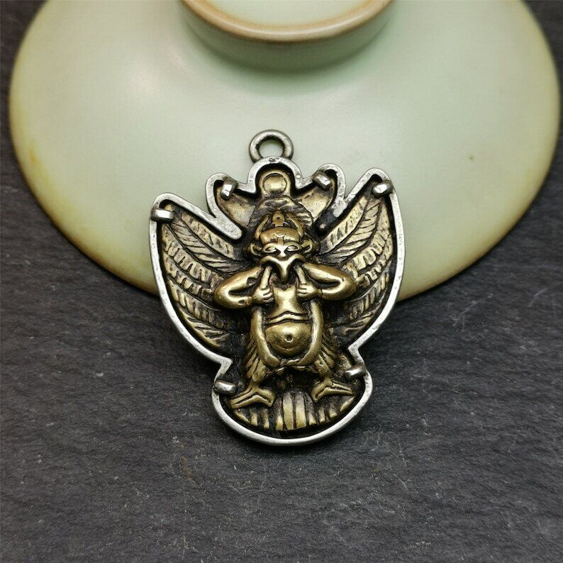 Tibetan Buddhist Amulet,Garuda Pendant,Inlaid Copper Vajra Shell,1.57" × 1.22"