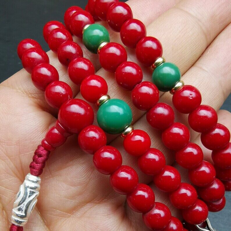 Old Tibeatan Red Glass Mala,8mm Prayer Beads with Turquoise Bead Silver Dzi Bead Gandhanra-ART