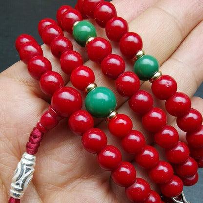 Old Tibeatan Red Glass Mala,8mm Prayer Beads with Turquoise Bead Silver Dzi Bead Gandhanra-ART