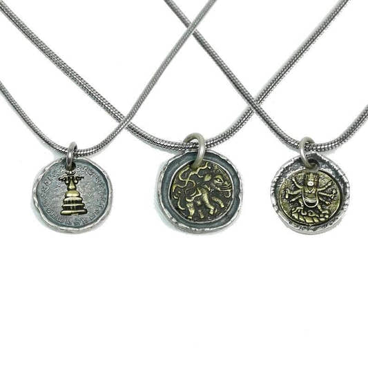 Tibetan Buddhism Lucky Charm, Silver Amulet of Mahakala,Ganesha Elephant,Stupa - Tibetan Buddhist amulet, front view