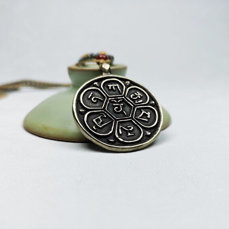 Amulet,Om Badge Pendant, Mantra of Om Mani Padme Hum