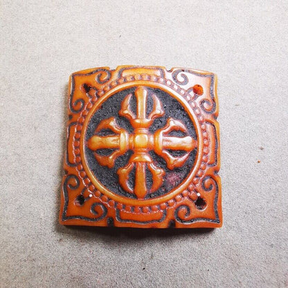 Yak Bone Carved Cross Vajra Amulet Badge, Tibetan Buddhist Pendant