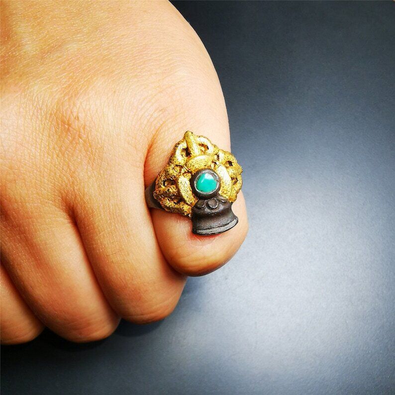 Gandhanra Tibetan Buddhist Vajra Bell Ring,Made of Pure Gold Filled and Silver Filled