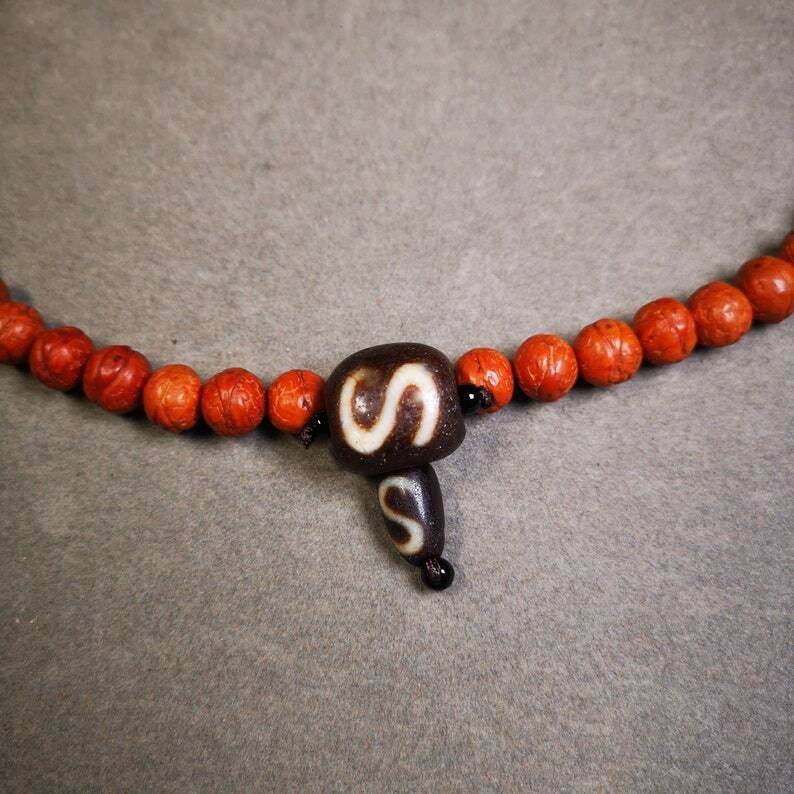 Dzi Guru Bead,T-drilled 3-Hole Mala Bead - Tibetan Buddhist mala beads, front view