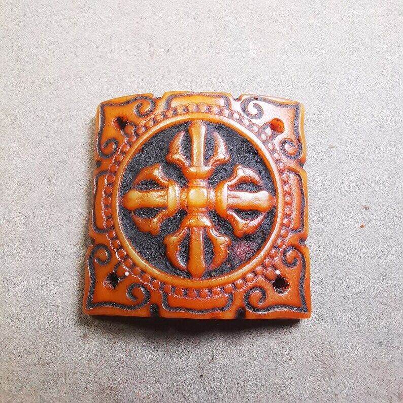 Yak Bone Carved Cross Vajra Amulet Badge, Tibetan Buddhist Pendant - Tibetan Buddhist amulet, view 7