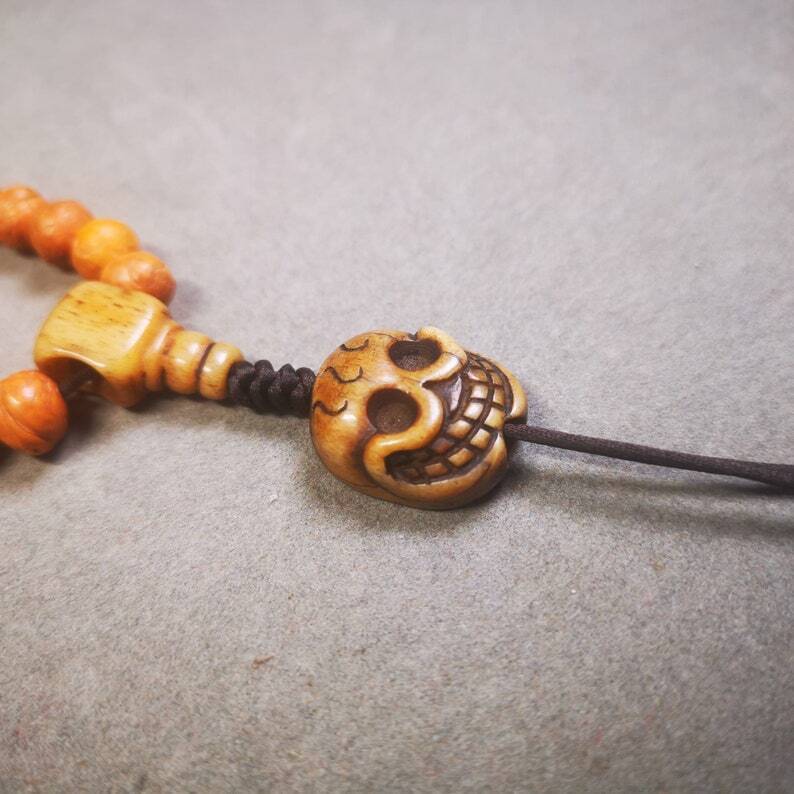 Yak Bone Carved Citipati Skull Amulet Pendant,Spacer Bead for Mala