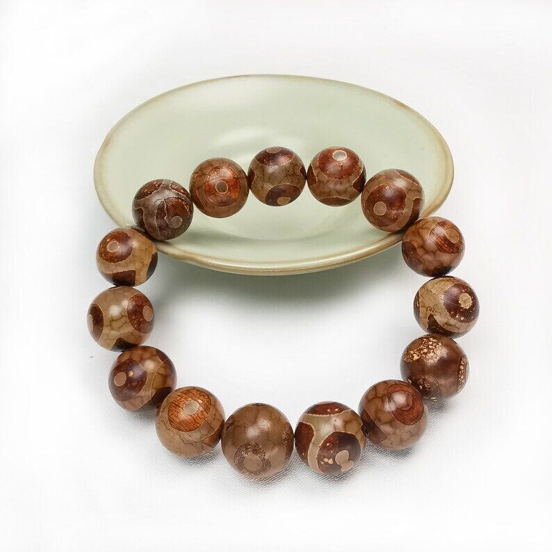 3 Eyes Dzi Beads Bracelet,Wrist Mala,0.55"