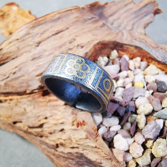 Gandhanra Unique Tibetan Ring,Dzi Totem Ring,Made of Cold Iron,Inlaid Copper