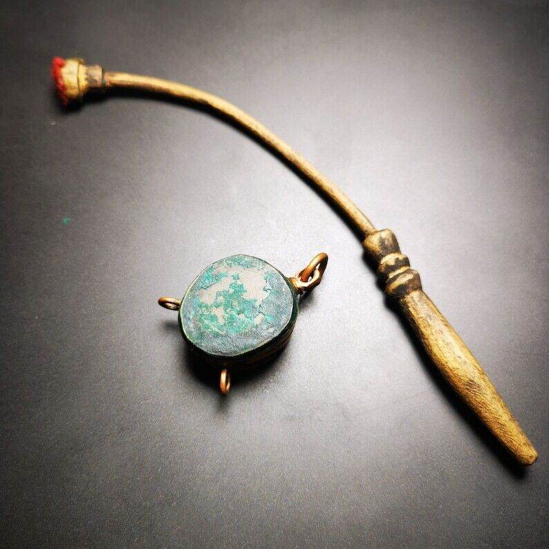 Buddhist Yak Bone Carved Damaru Drum,Mini Chod Drum - Tibetan Buddhist art, size reference