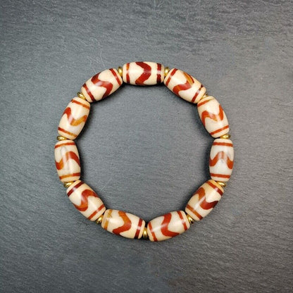 Unique Tibetan Fire Agate Tiger Tooth Dzi Bead Bracelet, 20 × 11mm Dzi Bead