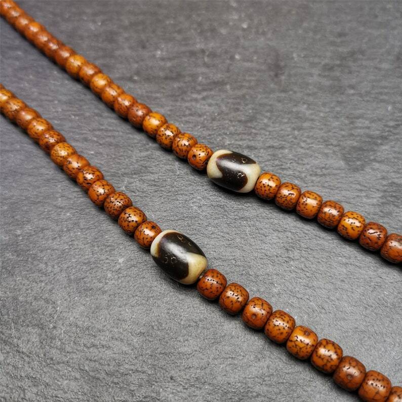 Tiger Tooth Dzi Spacer Marker Beads 0.4" - Tibetan dzi bead, detailed view