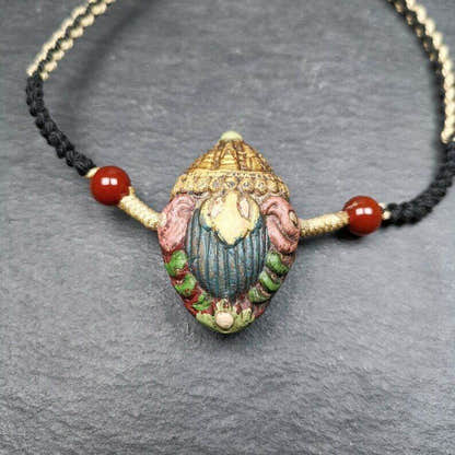 Tibetan Stupa Tsa Tsa Amulet, Double-sided Vajra and Bodhi Leaf Shape Pendant - Tibetan Buddhist amulet, front view
