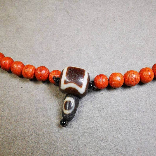 Sky Earth Dzi Guru Bead,T-drilled 3-Hole Mala Bead - Tibetan Buddhist mala beads, front view