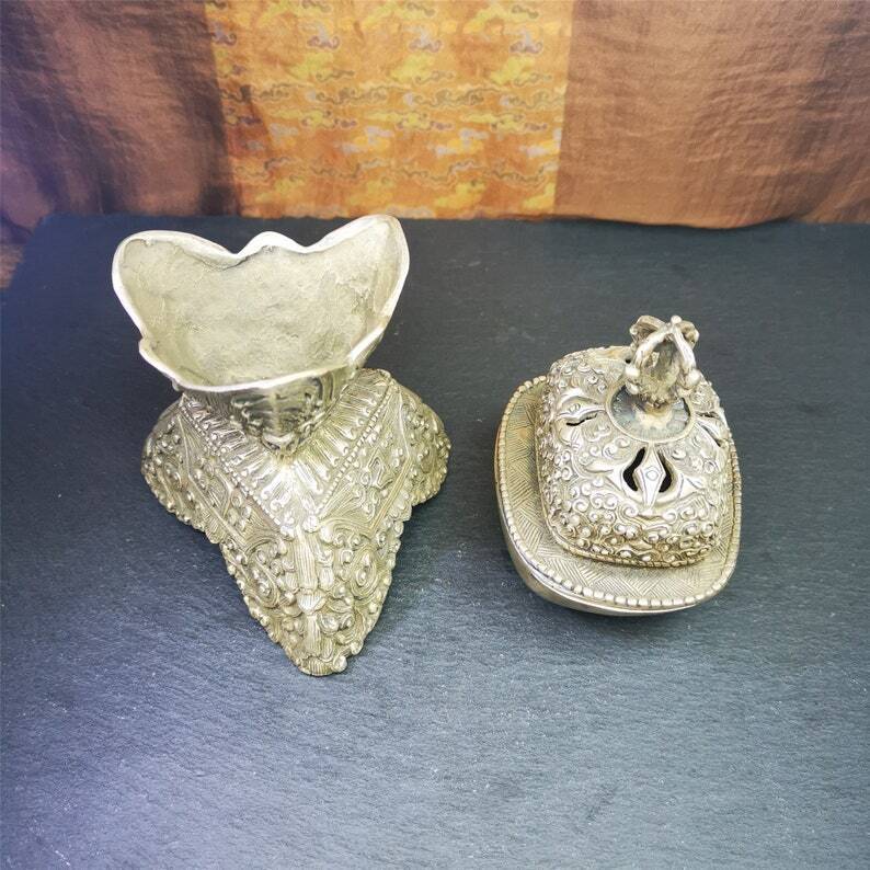 Buddhist Offering Bowl,Kapala Skull Cup Set,Ritual Implement,7" Height - Tibetan Buddhist art, close-up detail