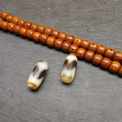 Gandhanra Pair of Tibetan Tiger Tooth Dzi Spacer Marker Beads for Mala,Necklace,0.32"