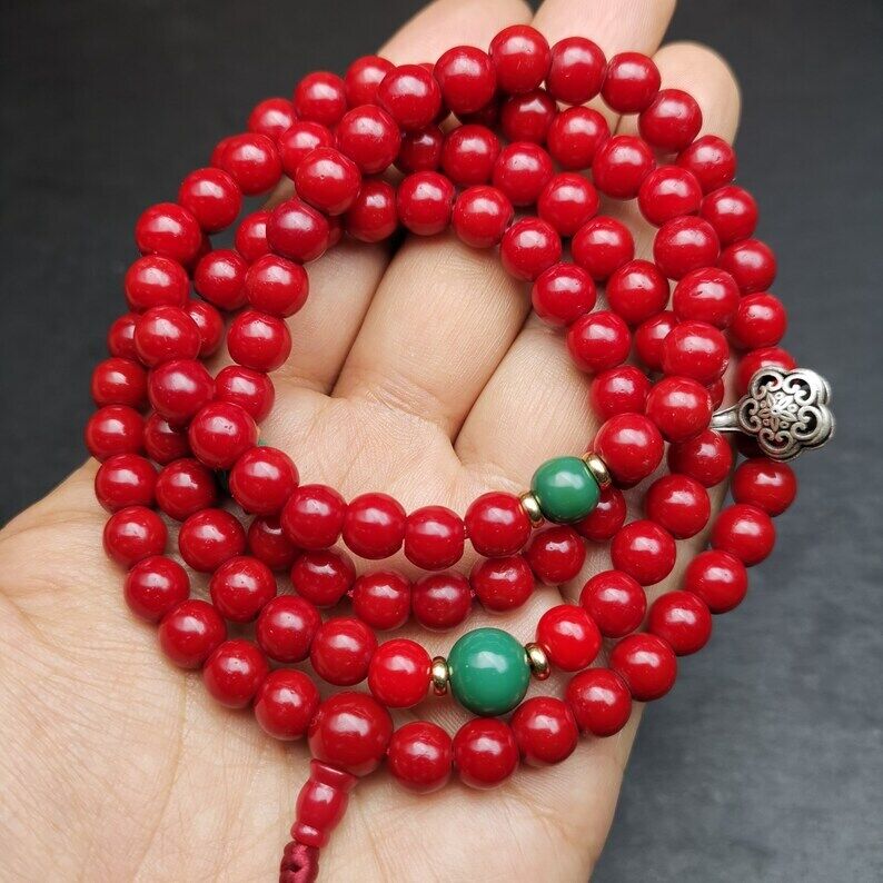 Old Tibeatan Red Glass Mala,8mm Prayer Beads with Turquoise Bead Silver Dzi Bead Gandhanra-ART