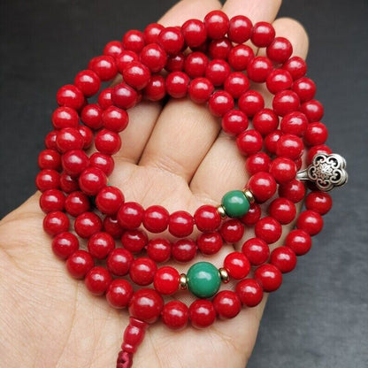 Old Tibeatan Red Glass Mala,8mm Prayer Beads with Turquoise Bead Silver Dzi Bead Gandhanra-ART