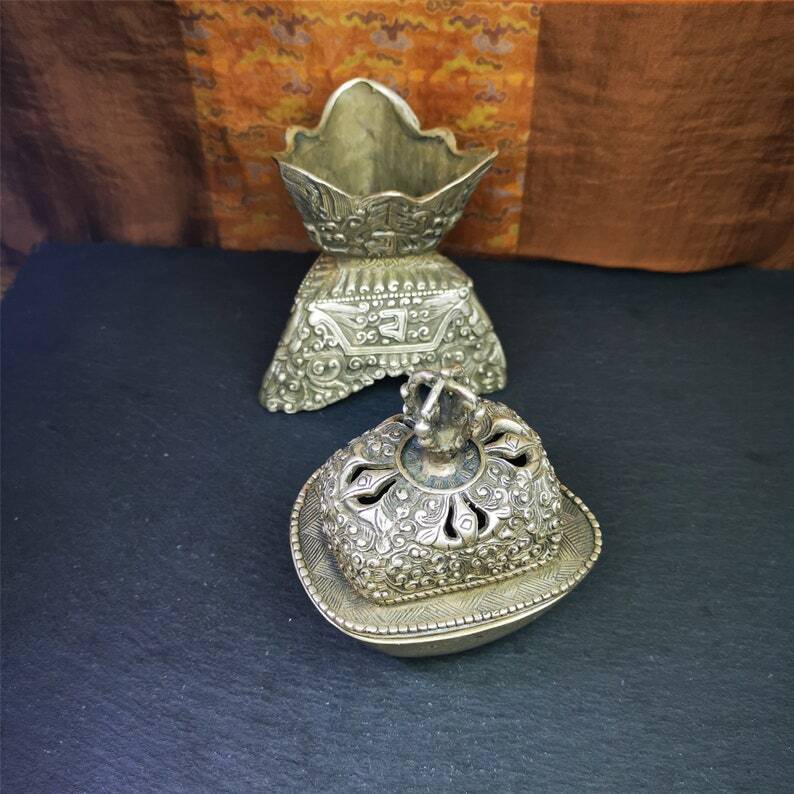 Buddhist Offering Bowl,Kapala Skull Cup Set,Ritual Implement,7" Height - Tibetan Buddhist art, detailed view