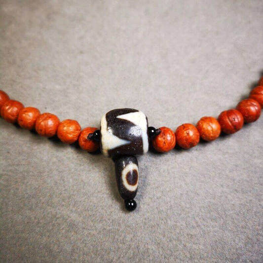 Tiger Tooth Dzi Guru Bead,T-drilled 3-Hole Mala Bead, Prayer Bead,Connector Bead - Tibetan Buddhist mala beads, front view