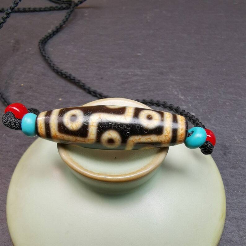 Gandhanra Antique Tibetan 9 Eyed Dzi Bead Necklace, 1.51" x 0.47", 30 Years Old