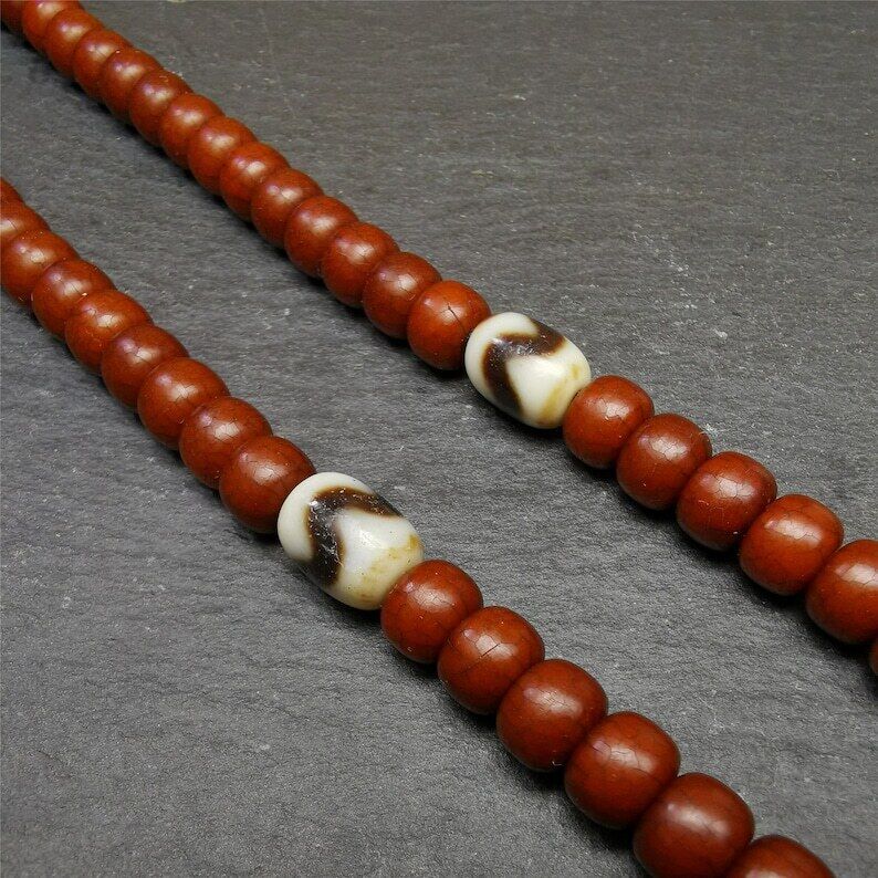 Pair of Tibetan Tiger Tooth Dzi Spacer Marker Beads for Mala,Necklace,0.42" - Tibetan Buddhist mala beads, view 5