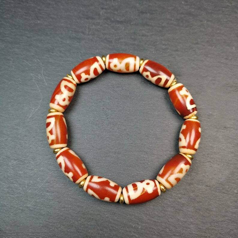 Tibetan Fire Agate Tiger Tooth Dzi Bead Bracelet - Tibetan Buddhist mala beads, front view
