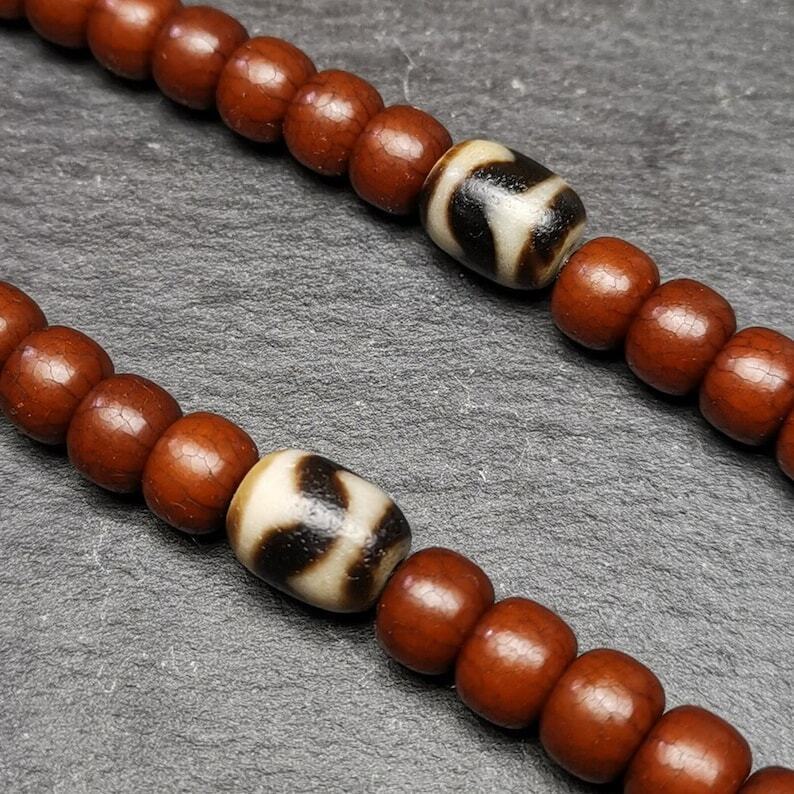 Pair of Tibetan Tiger Tooth Dzi Spacer Marker Beads for Mala,Necklace,0.42" - Tibetan Buddhist mala beads, detailed view
