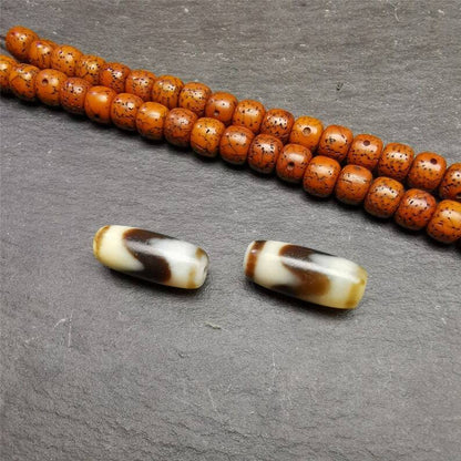 Gandhanra Pair of Tibetan Tiger Tooth Dzi Spacer Marker Beads for Mala,Necklace,0.32"