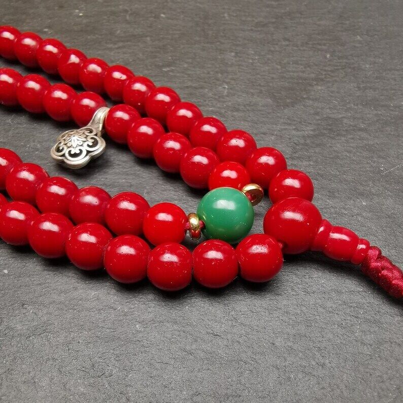 Old Tibeatan Red Glass Mala,8mm Prayer Beads with Turquoise Bead Silver Dzi Bead Gandhanra-ART