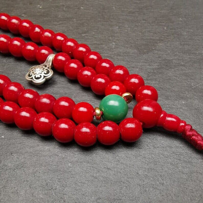 Old Tibeatan Red Glass Mala,8mm Prayer Beads with Turquoise Bead Silver Dzi Bead Gandhanra-ART