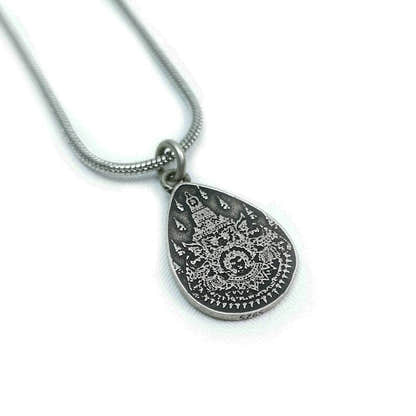 Lucky Charm, Unique Stupa / Pagoda Pattern,Silver Pendant - Tibetan Buddhist art, front view