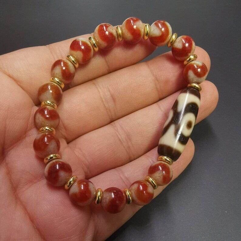 Fire Agate Dzi Bead Bracelet - Tibetan Buddhist mala beads, view 6