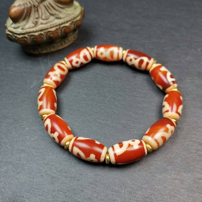 Unique Tibetan Fire Agate Tiger Tooth Dzi Bead Bracelet, 20 × 11mm