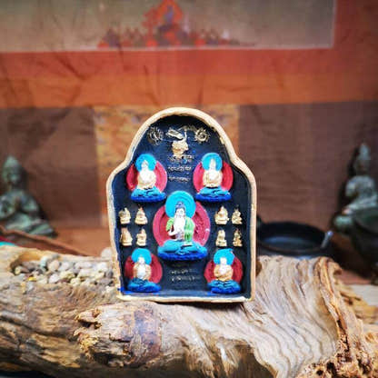 Gandhanra Painted Tibetan Tsa Tsa Mold Statue,Five Dhyani Buddhas - Tibetan Buddhist statue, close-up detail