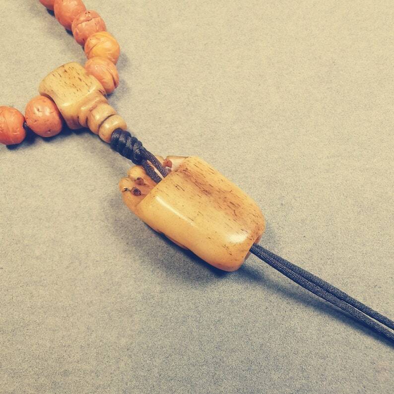 Yak Bone Carved Mahakala Amulet for Mala,Necklace Pendant,1.18" - Tibetan Buddhist mala beads, close-up detail